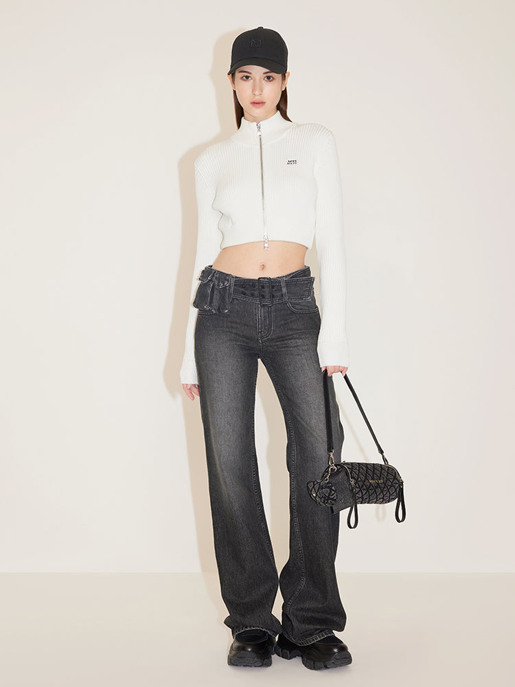 Cropped Woolen Jacket With Double Zipper