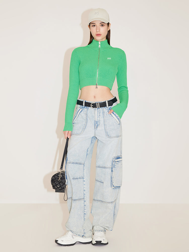 Cropped Woolen Jacket With Double Zipper