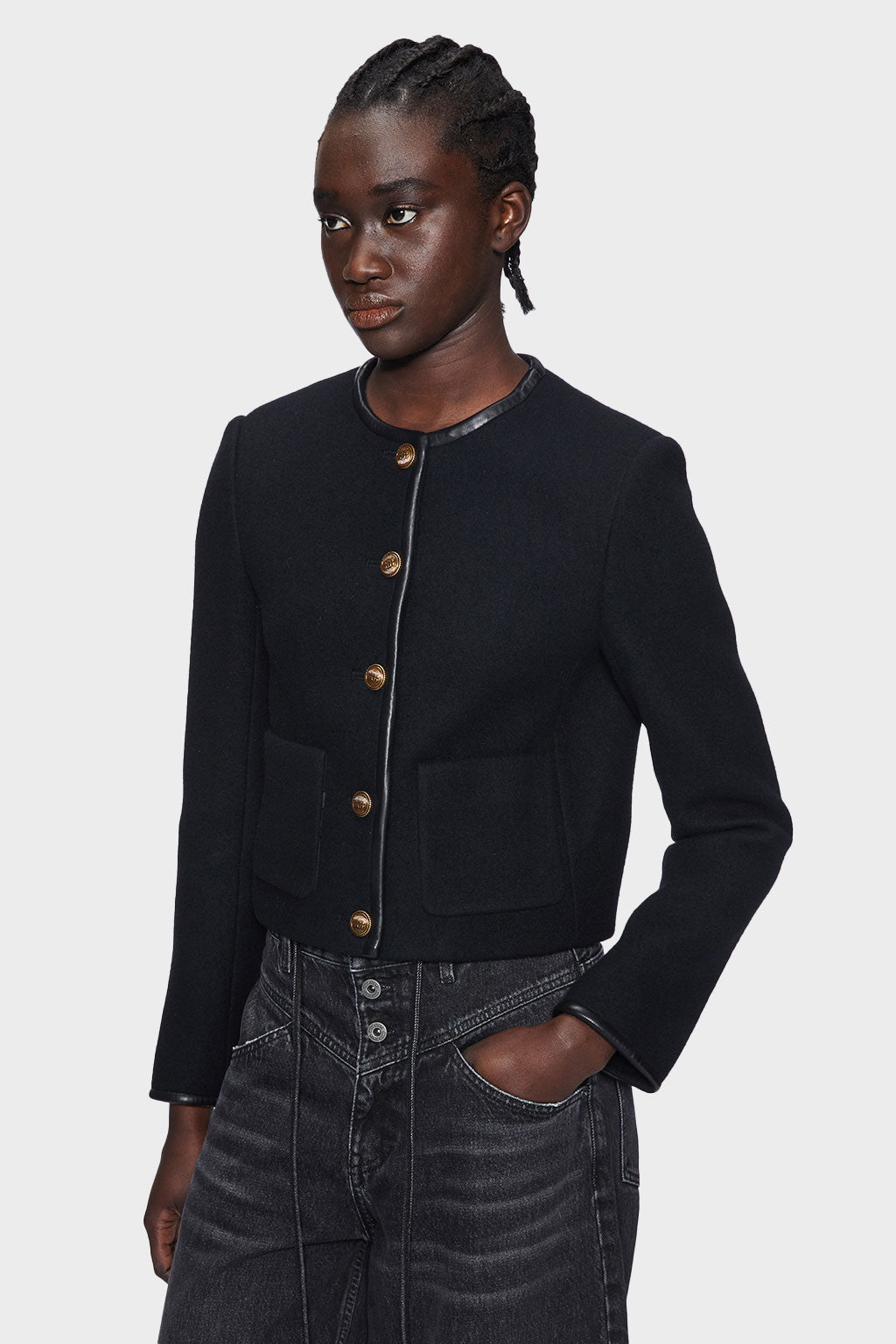 Crew Neck Denim Jacket In Black